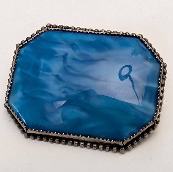 Vintage Marbled Blue Art Glass Cabochon Brooch Simple Silver Tone Setting Czech? - Picture 4 of 13